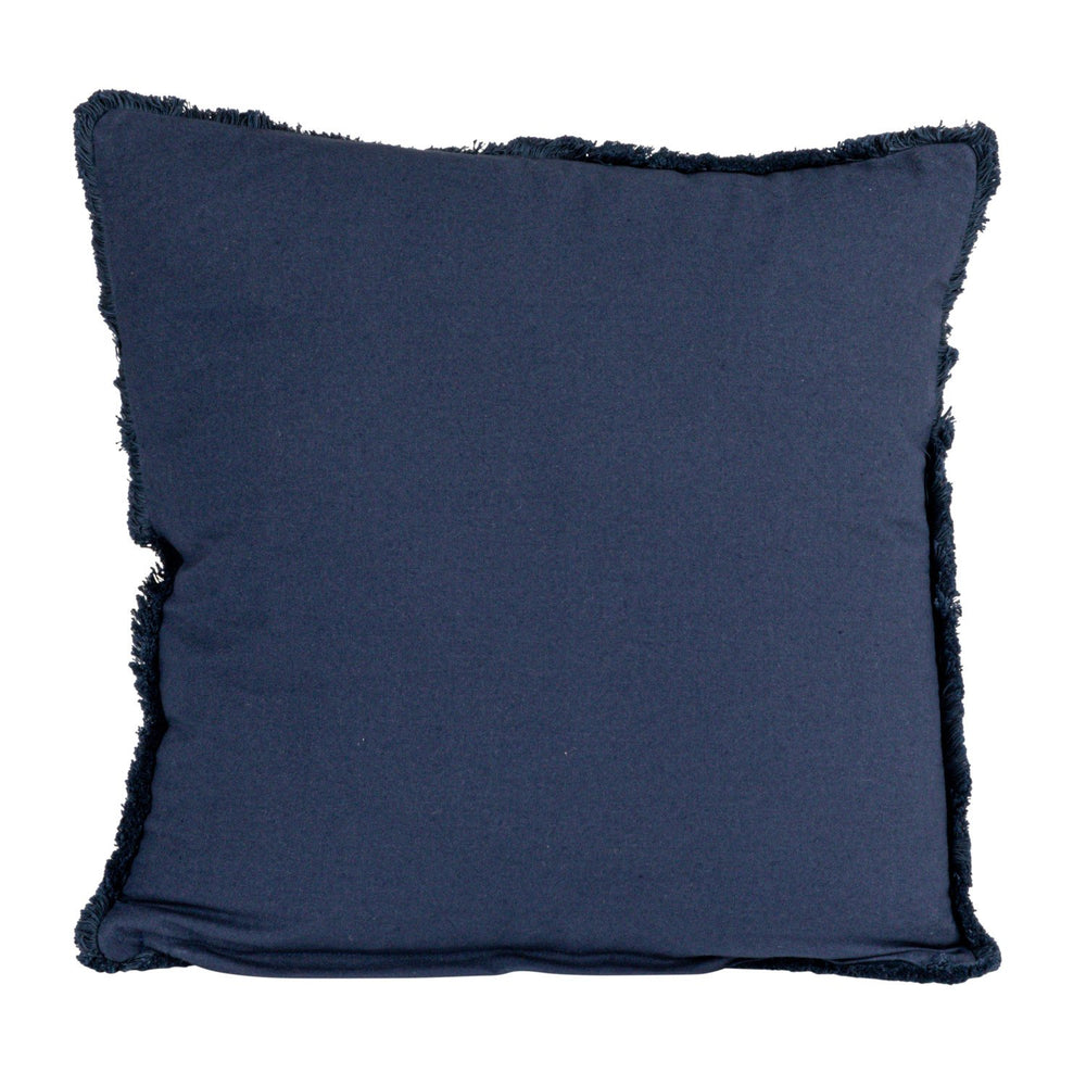 20” square dark blue cotton blend velvet pillow with vintage carpet design and soft fringe trim. Available in 20” size.