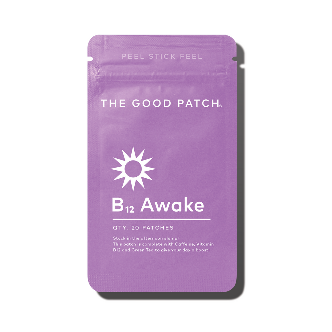 Purple pouch labeled "B12 Awake Patch," 20 patches, energizing with caffeine, B12, green tea; sun icon. Available in 20-count size.