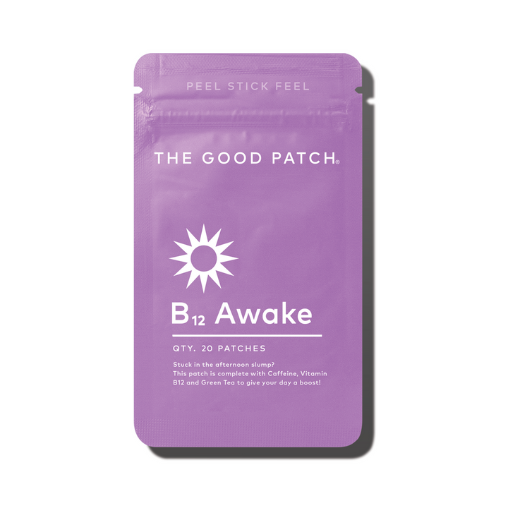 Purple pouch labeled "B12 Awake Patch," 20 patches, energizing with caffeine, B12, green tea; sun icon. Available in 20-count size.