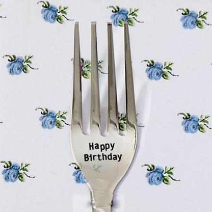 Silver engraved dinner fork with "Happy Birthday" etching; available in 6", 7", and 8" sizes.