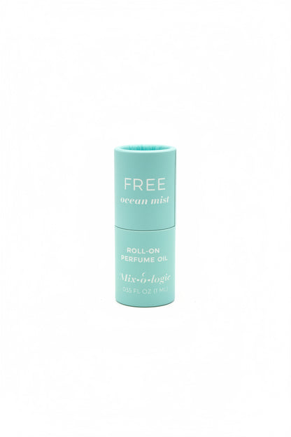 Turquoise cylinder labeled "FREE ocean mist ROLL-ON PERFUME OIL," Keychain Mini Rollerball Perfume, available in mini size.