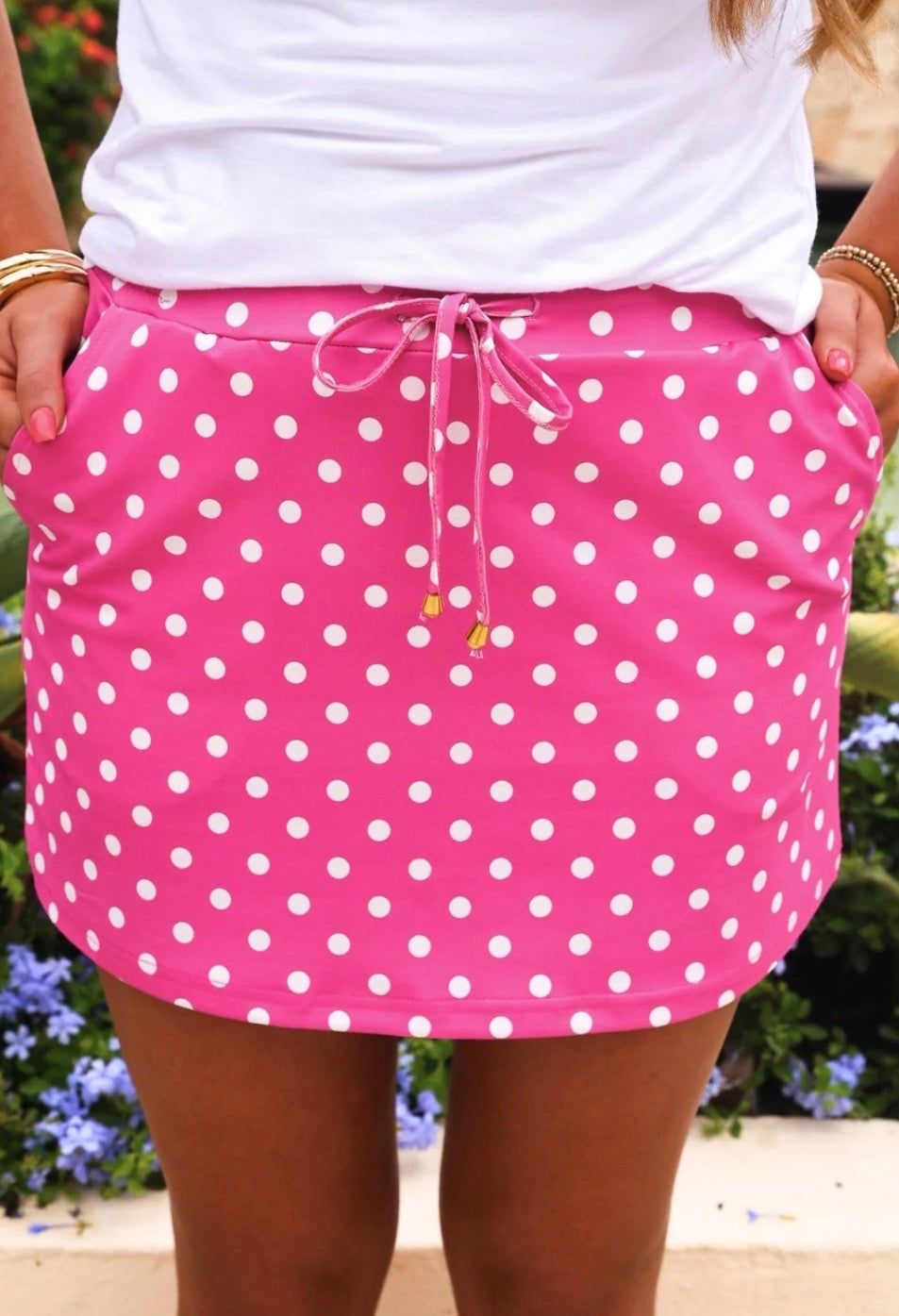 Pink Polka Dot Skort with pockets, available in sizes XS-XL.