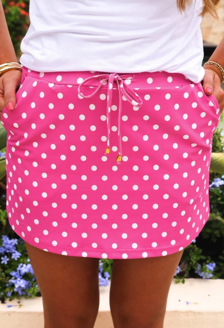 Pink Polka Dot Skort with pockets, available in sizes XS-XL.
