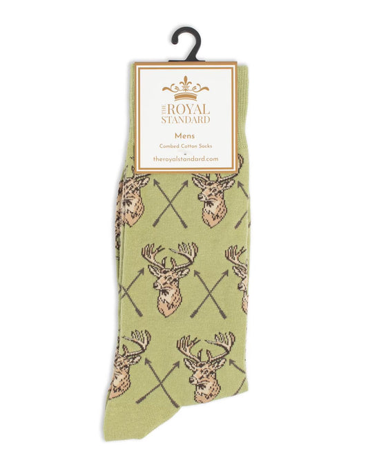Green sock with deer head and crossed line pattern, labeled “Men’s Bow Hunting Socks.” Available in sizes M-XL.