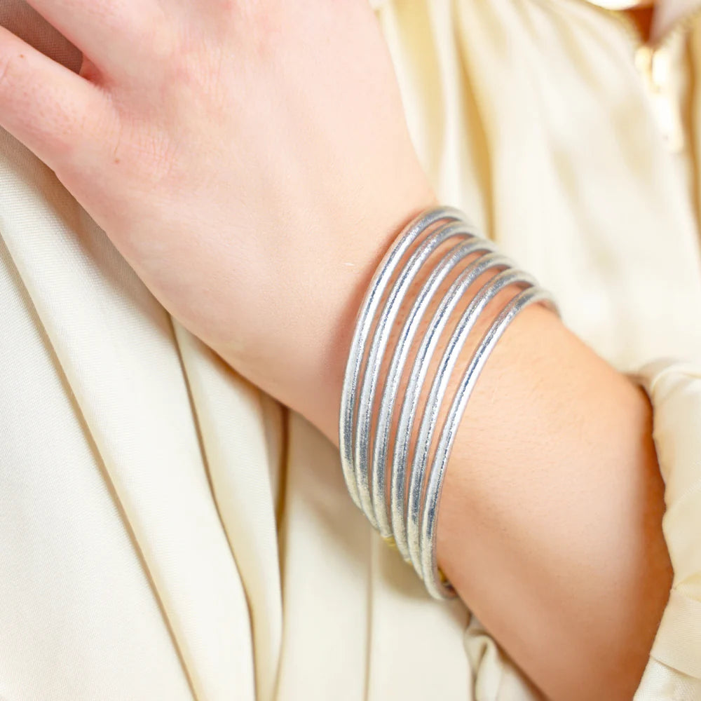 Silver Lumine All Weather Bangles, slim profile, shown in Large; available in multiple sizes.