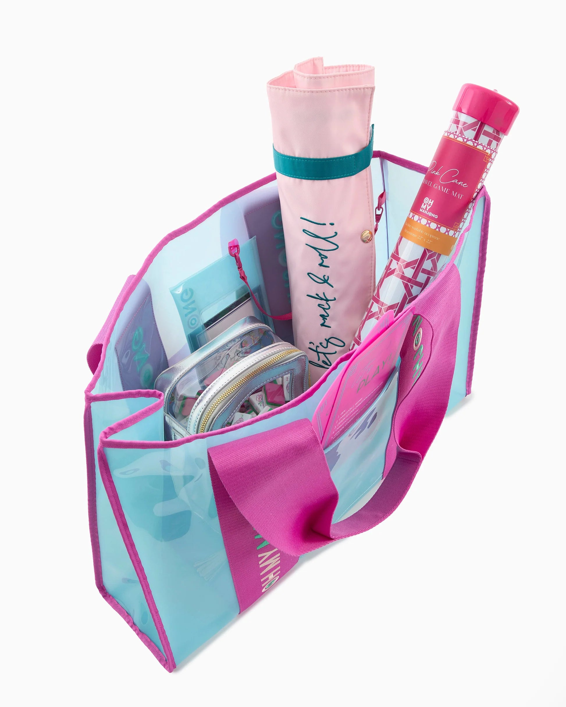 Pink and blue transparent Mahjong Beach Bag, available in multiple sizes.