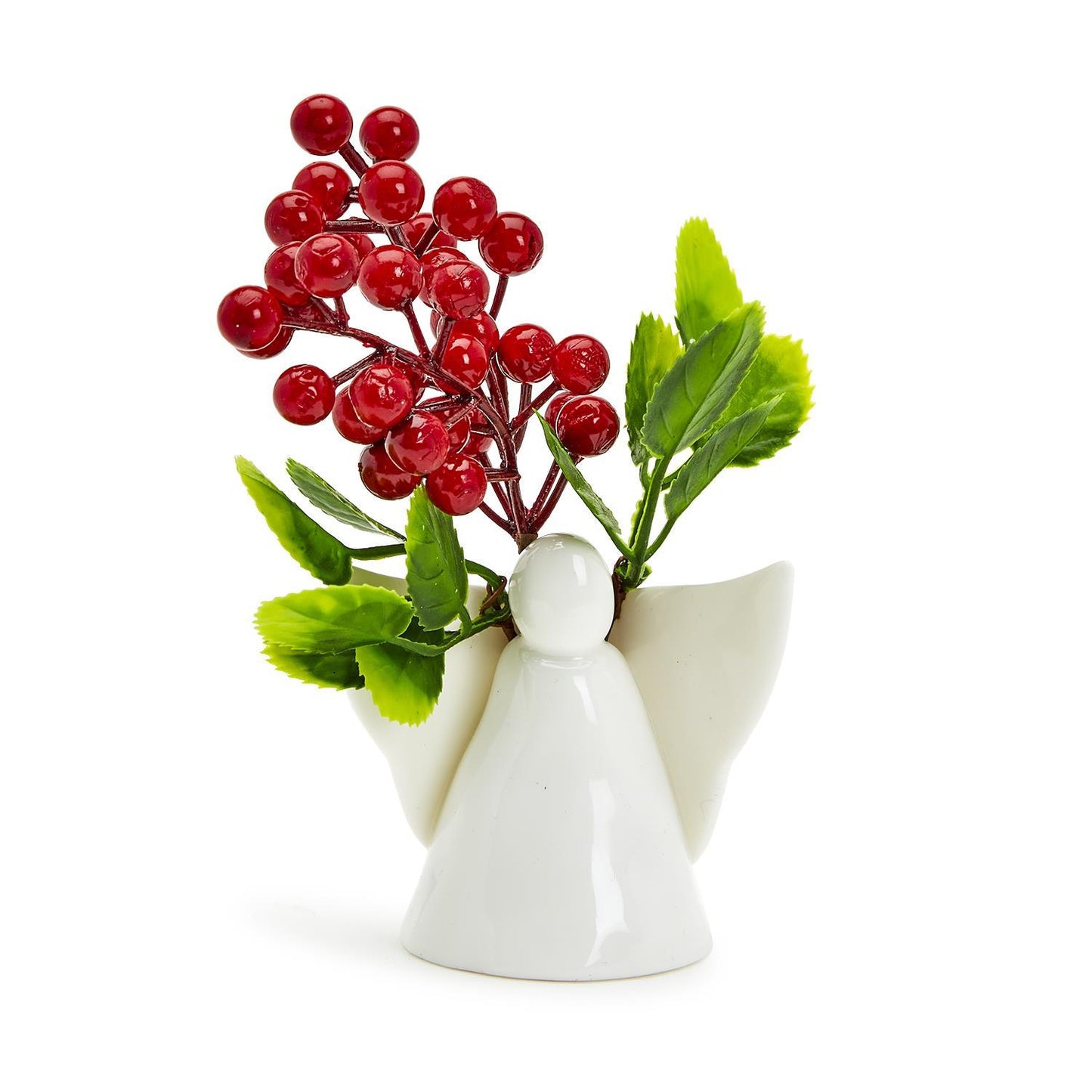 The Angel Decorative Sculpture/Vase/Candleholder is crafted from white ceramic, featuring an intricate angel design. It cradles a bouquet of red berries and green leaves, ideal for elegant Christmas décor. Available in one size.