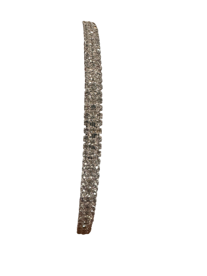 Crystal headband with multiple rows of small, sparkling clear stones. Available sizes: S, M, L.