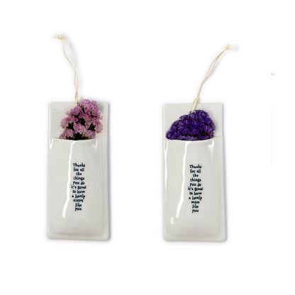 Small rectangular wall vase with purple dried flowers, thin string hanger, heartfelt thank you print; available in 2 sizes.