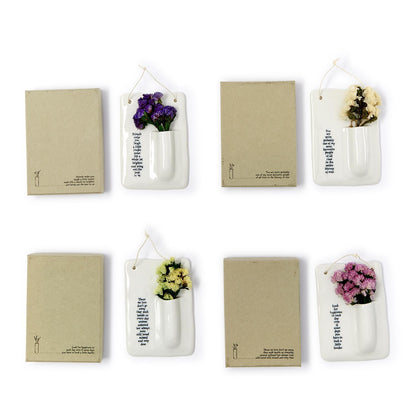 Porcelain wall vase with printed text, dried blooms in purple, yellow, or pink. Gift box. Sizes: [sizes not shown].