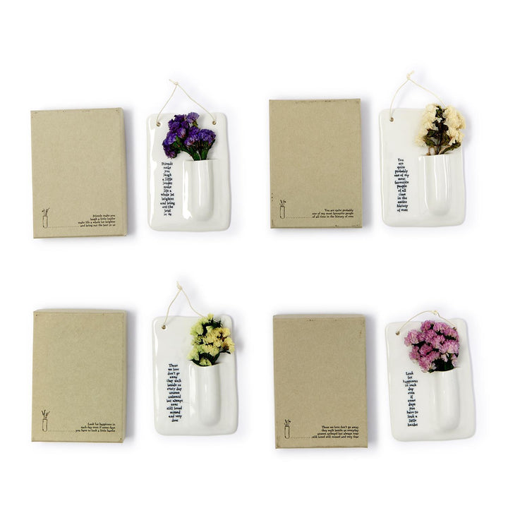 Porcelain wall vase with printed text, dried blooms in purple, yellow, or pink. Gift box. Sizes: [sizes not shown].