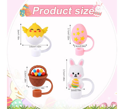 Easter Straw Covers: four plastic rings with chick, star-speckled egg, basket of eggs, and bunny holding egg designs. Each ring includes labeled dimensions. Available as straw toppers for tumblers or Stanley Cups.
