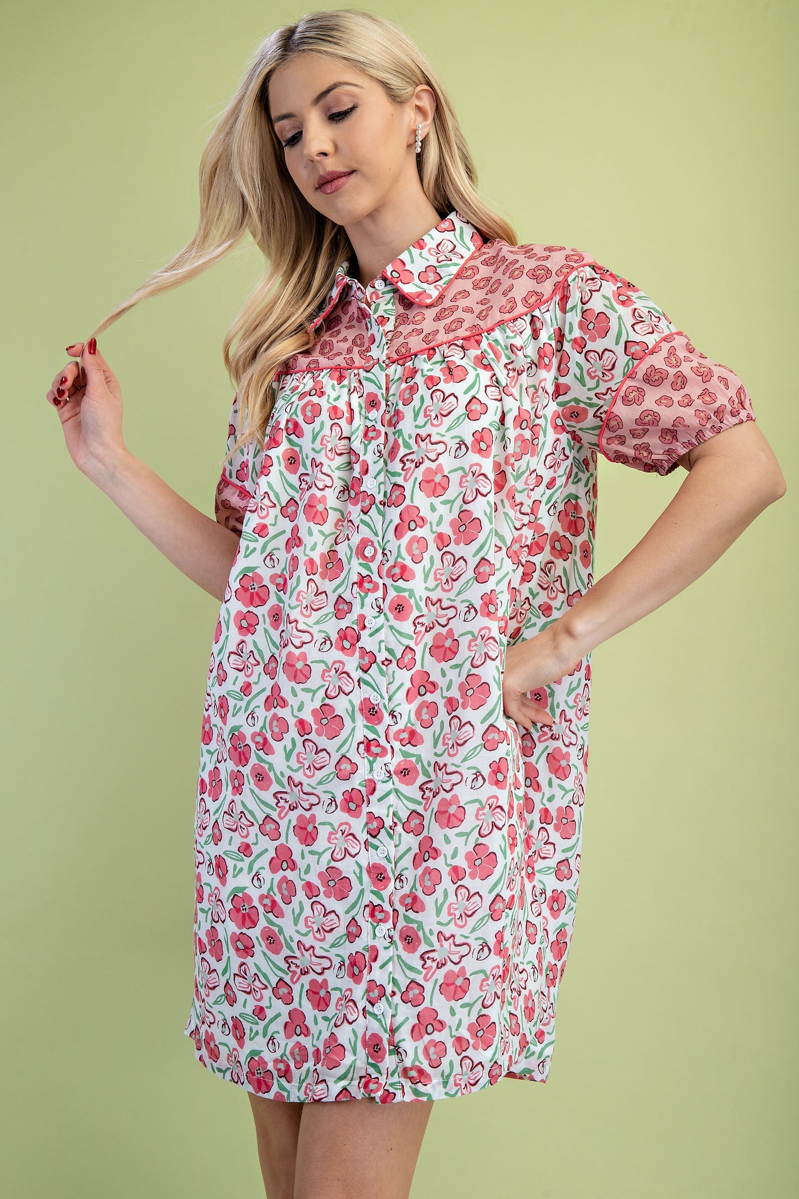 Miss Peony Floral Dress: loose, knee-length, short sleeves, pink/red floral print. Available in sizes XS-XL.