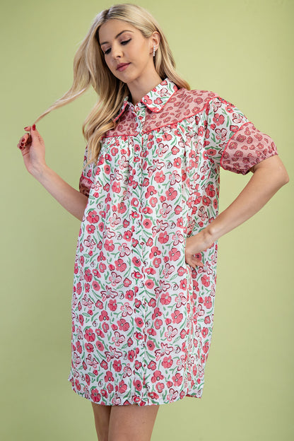 Miss Peony Floral Dress: loose, knee-length, short sleeves, pink/red floral print. Available in sizes XS-XL.