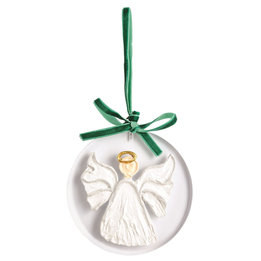 Round white acrylic ornament with sculpted white angel and gold halo on a green ribbon.