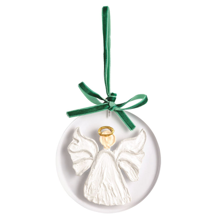 Round white acrylic ornament with sculpted white angel and gold halo on a green ribbon.