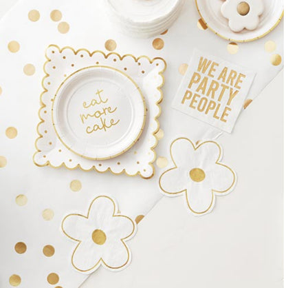 Square paper plates with scalloped edges saying "Eat More Cake," napkins stating "WE ARE PARTY PEOPLE," and flower-shaped coasters. Available sizes: Standard party size.