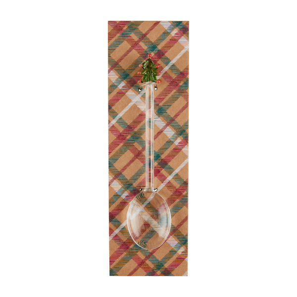 Glass Icon Spoon, clear glass serving spoon with a Christmas tree handle.