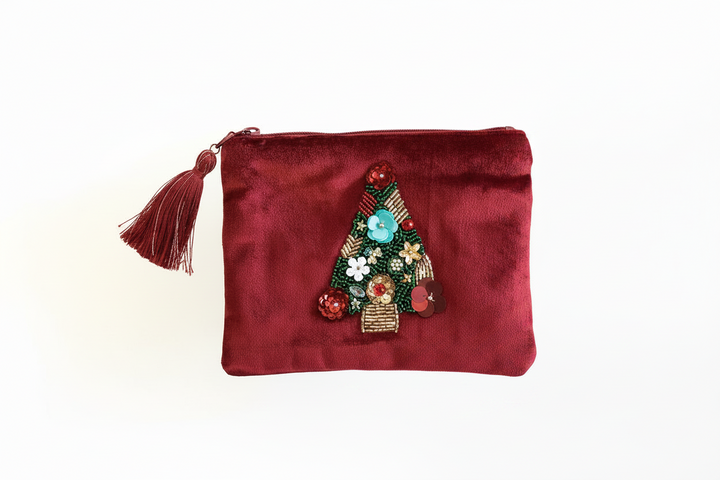 Red Velvet Holiday Pouch with zipper tassel and beaded Christmas tree design.