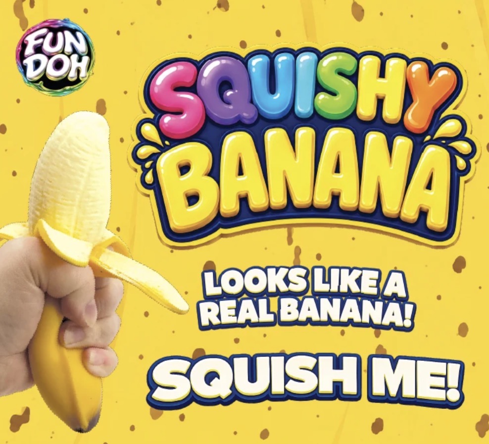 Squishy Banana Sensory Food Toy with realistic banana appearance and squishy texture. Available in multiple sizes. Text on the product reads “Squishy Banana, Looks like a real banana! Squish me!”.