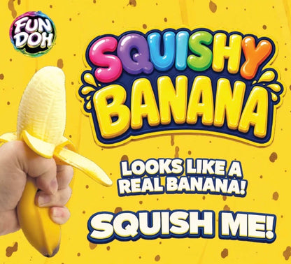 Squishy Banana Sensory Food Toy with realistic banana appearance and squishy texture. Available in multiple sizes. Text on the product reads “Squishy Banana, Looks like a real banana! Squish me!”.