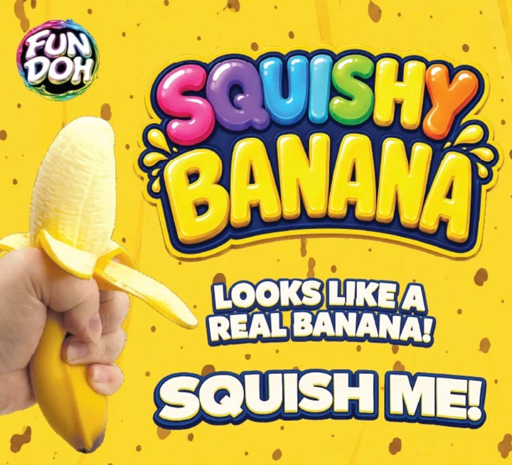 Squishy Banana Sensory Food Toy with realistic banana appearance and squishy texture. Available in multiple sizes. Text on the product reads “Squishy Banana, Looks like a real banana! Squish me!”.