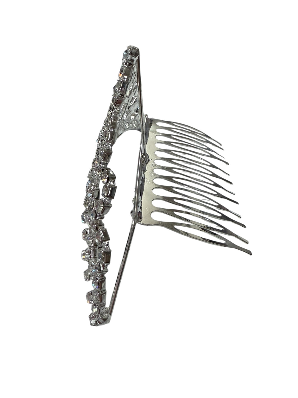 Silver hair comb with clear gemstones along the top, crown design. Available in small size.