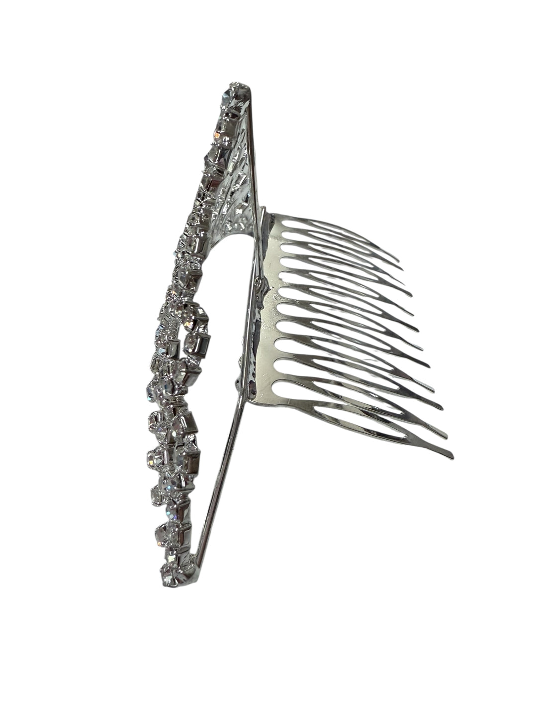 Silver hair comb with clear gemstones along the top, crown design. Available in small size.