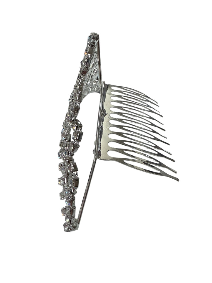 Silver hair comb with clear gemstones along the top, crown design. Available in small size.