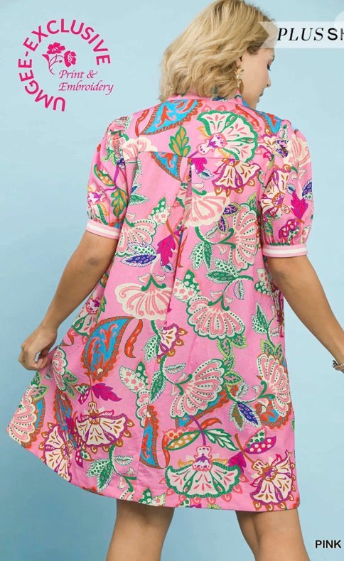 Jacquard Paisley Print Tunic Dress in pink with intricate paisley pattern and puffed sleeves. Available in sizes XS–XL.
