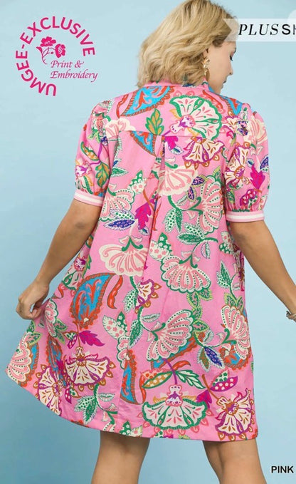 Jacquard Paisley Print Tunic Dress in pink with intricate paisley pattern and puffed sleeves. Available in sizes XS–XL.