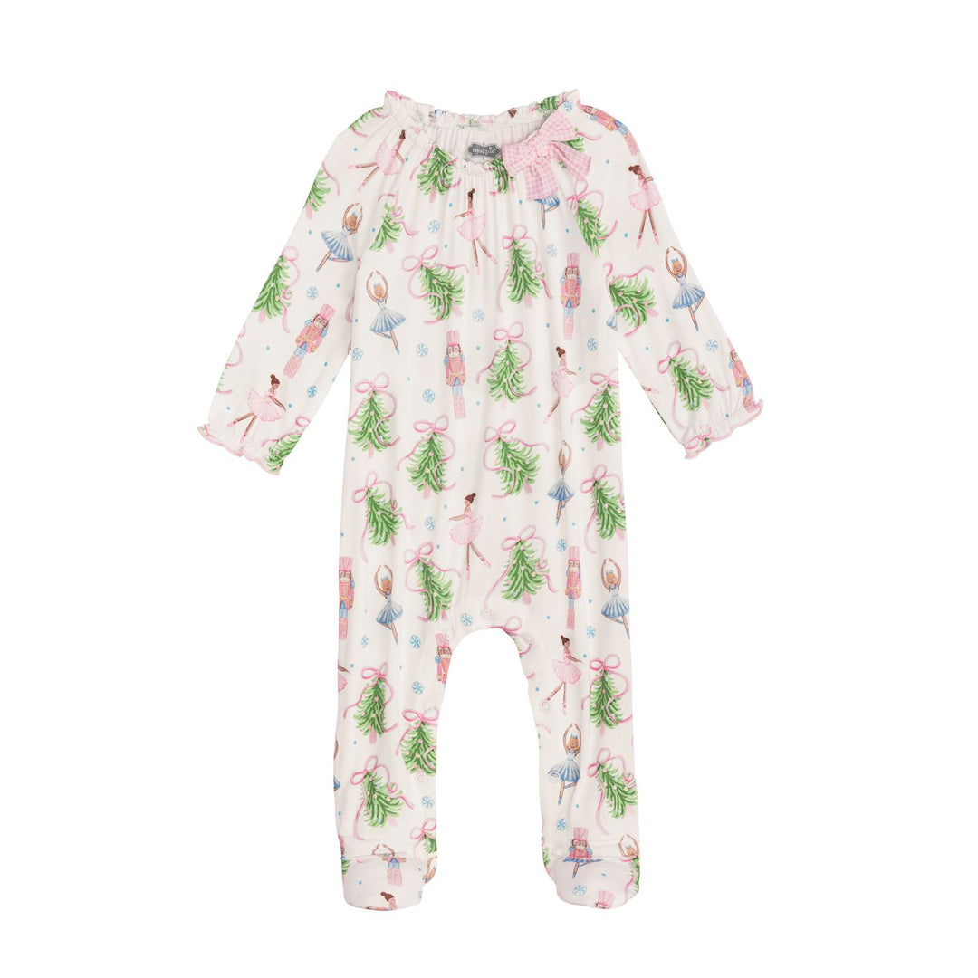 Christmas Tree Bow Sleeper in bamboo with ballerinas, nutcrackers, and tree boughs, featuring long sleeves, footed bottoms, and a pink gingham neck bow.