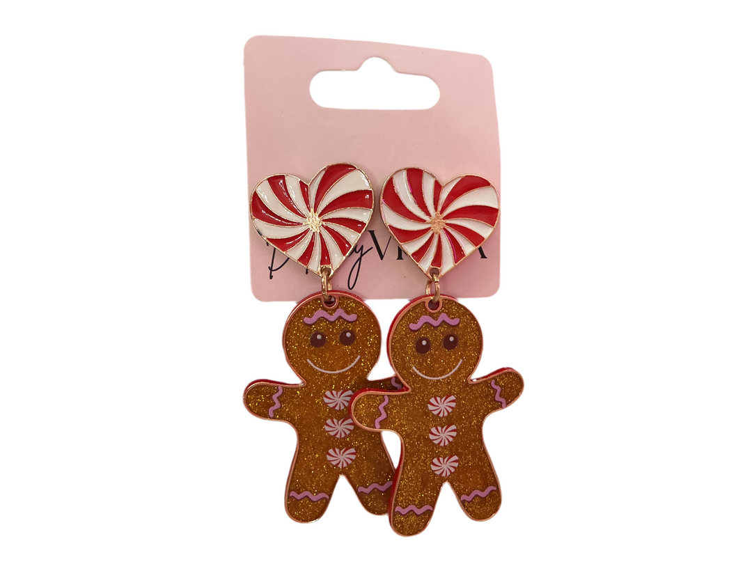 Glitter Gingerbread Girl Cookie Earrings with peppermint heart studs and gingerbread person charms. Available in all sizes.