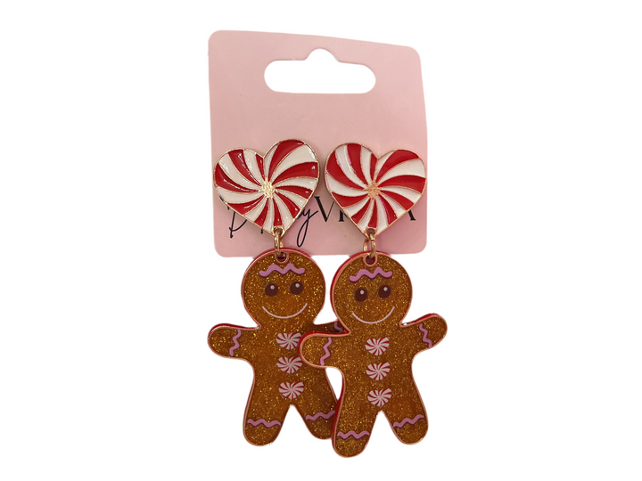 Glitter Gingerbread Girl Cookie Earrings with peppermint heart studs and gingerbread person charms. Available in all sizes.