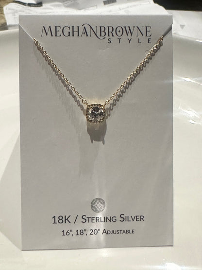 Gold chain necklace with round cubic zirconia pendant; adjustable to 16", 18", or 20".