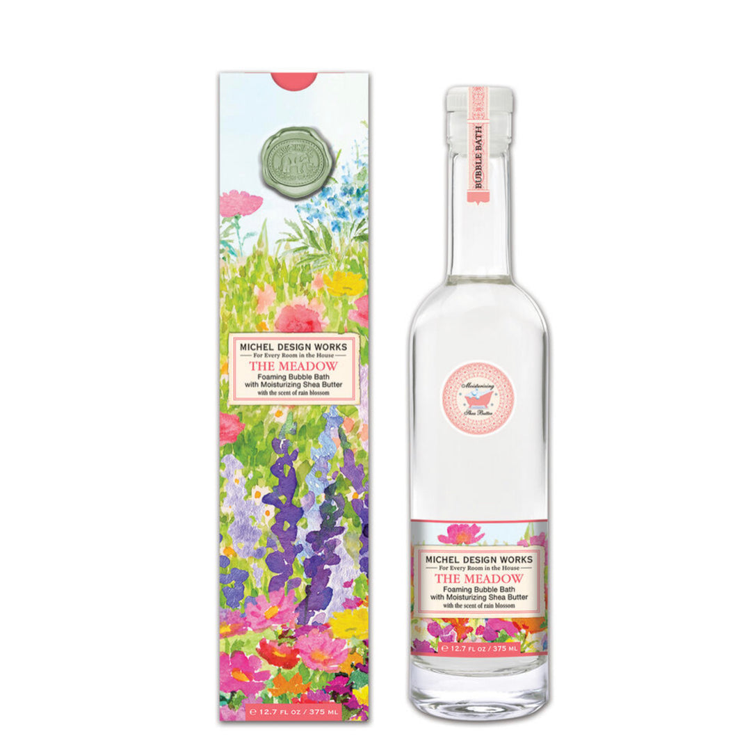 A Foaming Bubble Bath The Meadow hand sanitizer bottle, decorated with vibrant Floral Meadow artwork in various colors. Available in multiple sizes.