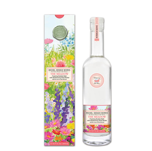 A Foaming Bubble Bath The Meadow hand sanitizer bottle, decorated with vibrant Floral Meadow artwork in various colors. Available in multiple sizes.