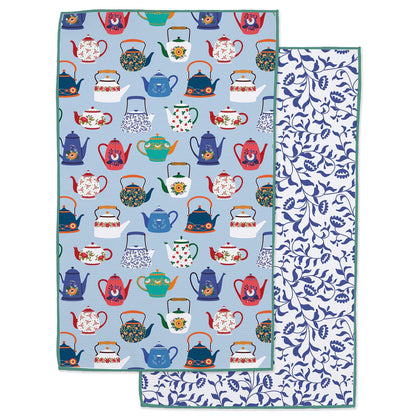 Microfiber dishtowel with teapot design on light blue; blue floral vine on white reverse. Size: available in standard.