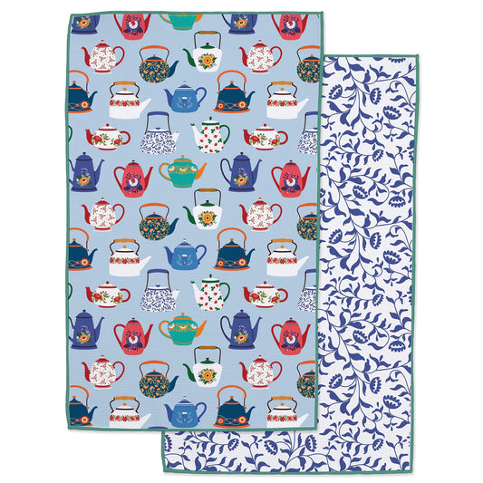 Microfiber dishtowel with teapot design on light blue; blue floral vine on white reverse. Size: available in standard.
