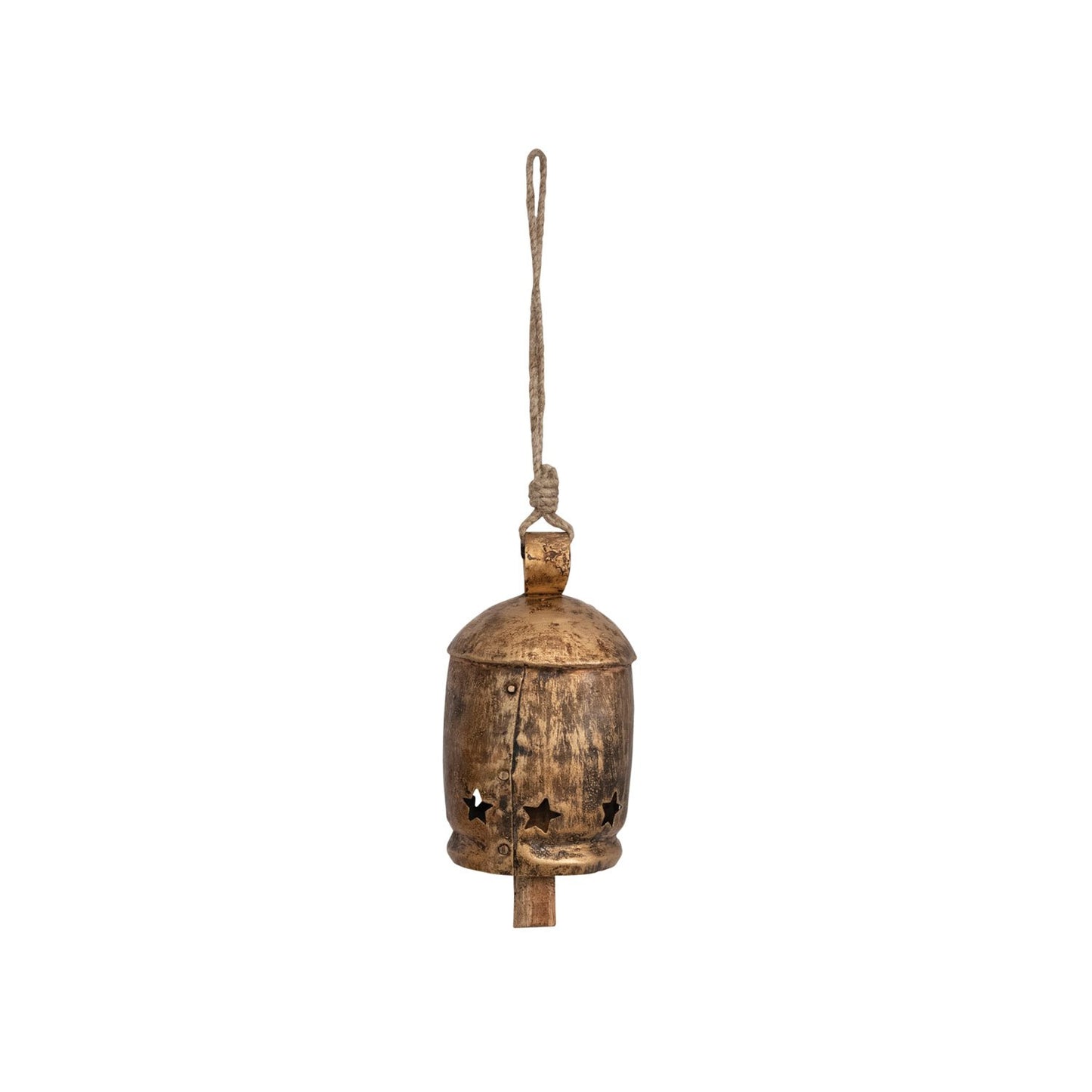 Distressed Antique Gold Finish Metal Bell on Jute Rope