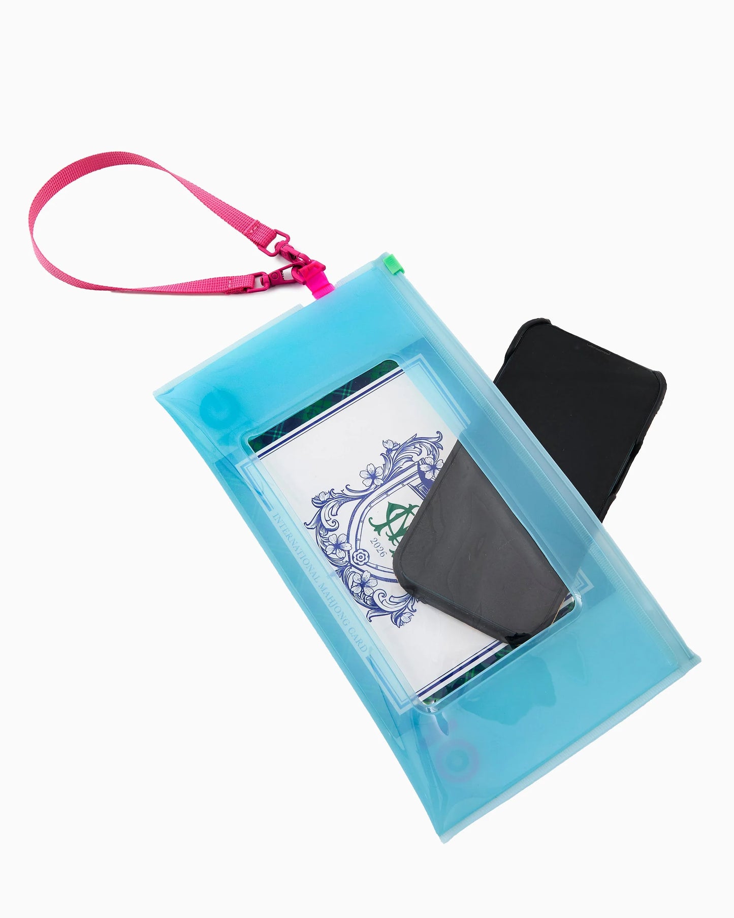 The Mahjong Beach Bag is a translucent blue pouch with a pink strap. Available in small, medium, and large sizes.