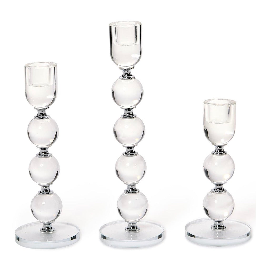Bobbin Crystal Taper Candlesticks in clear crystal glass with stacked glass spheres and round bases, available in three sizes.