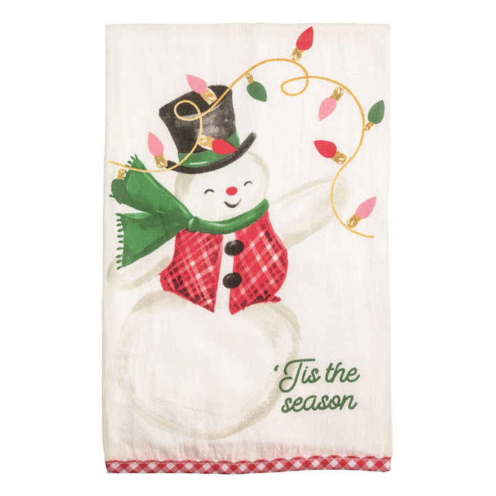 Christmas printed hand towels with a snowman, “’Tis the season” text, and a red checkered hem.