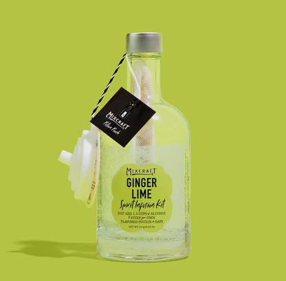 Glass bottle labeled "Spirit InFusion Kit" with white strainer and black tag attached; available in multiple sizes.