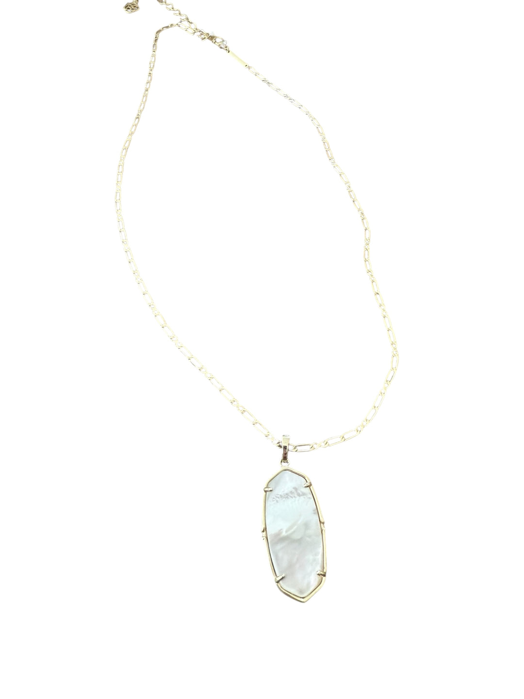 Elongated hexagon mother-of-pearl pendant in gold frame on chain; sizes available: 0.9"L x 0.47"W.