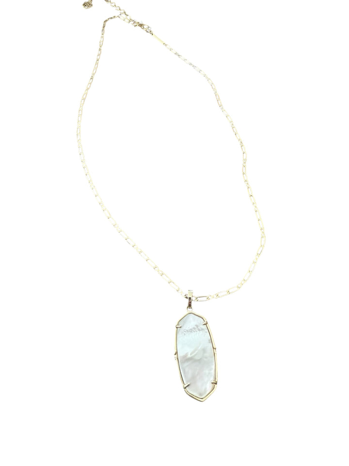 Elongated hexagon mother-of-pearl pendant in gold frame on chain; sizes available: 0.9"L x 0.47"W.