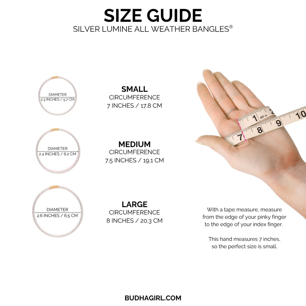 Guide for Silver Lumine All Weather Bangles shows size options: Small (2.25″, 7″), Medium (2.45″, 7.5″), Large (2.6″, 8″). Includes concise instructions for measuring your hand to choose the correct bangle fit.