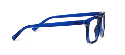 Rectangular eyeglasses with thick, translucent blue frames and UV400 protection. Available in sizes S, M, and L.