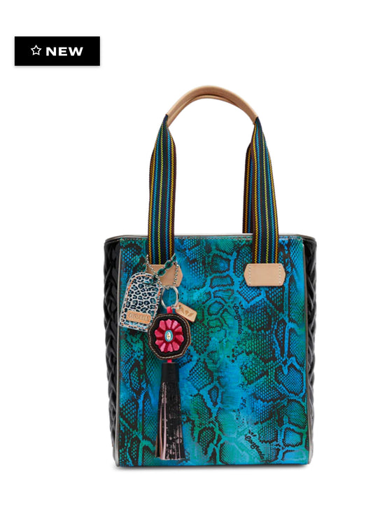 New from Consuela this Chica tote named Cade has green and blue snake skin pattern on the larger sides . It has black patton on the smaller sides. It has a beautiful charm circular with a flower in the middle pink and green with a tassel leather that’s black and pink, also has another leather piece hanging from handle where you can put your name in it, it is white and blue metallic cheetah print.  