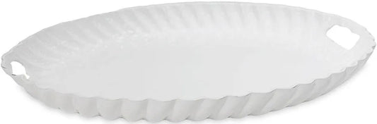 White melamine oval tray with scalloped edges and two cutout handles; available in multiple sizes.